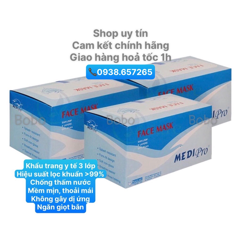 [Chính hãng] 1 thùng 40 hộp khẩu trang y tế MEDIPRO 3 lớp hiệu suất lọc khuẩn cao - chống thấm nước -2 màu xanh và trắng