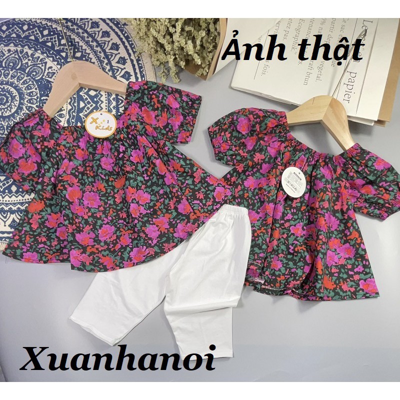 Set quần áo hè bé gái Áo tím và quần legging cotton trắng XHN573