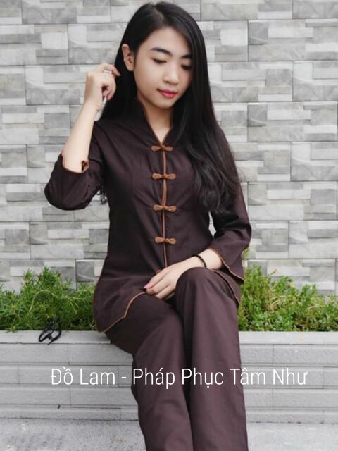 Bộ đi chùa , cổ tàu thêu sen màu nâu , bộ đà đi chùa