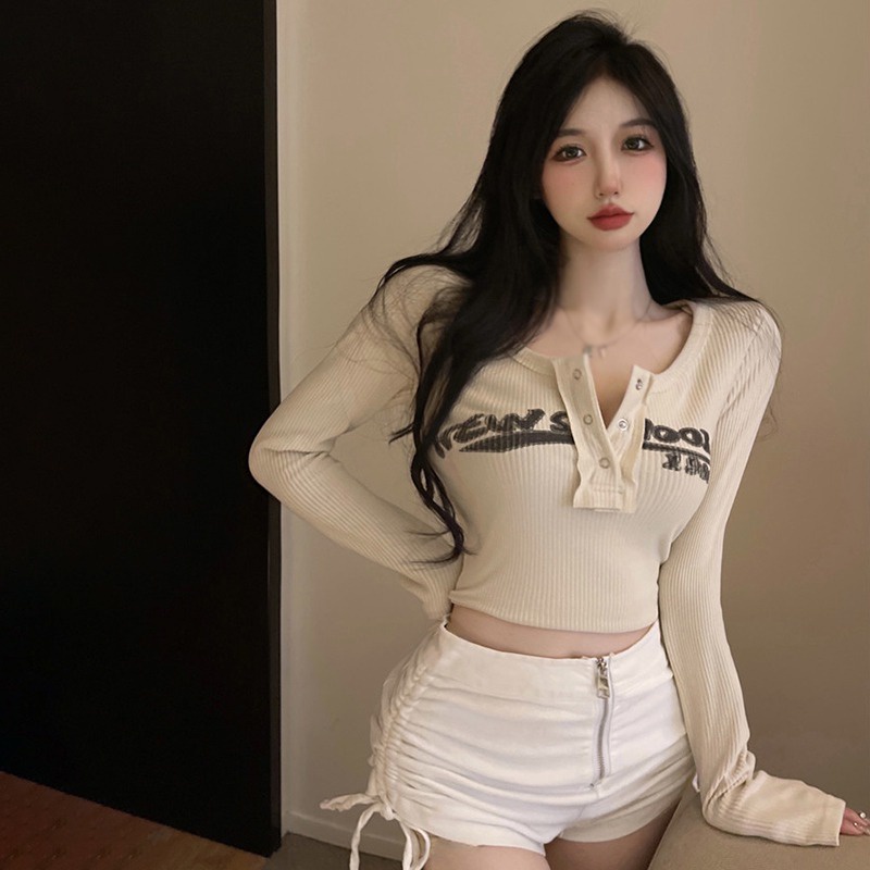 Áo Croptop Tay Dài In Chữ Phong Cách Hàn Quốc Cho Nữ
