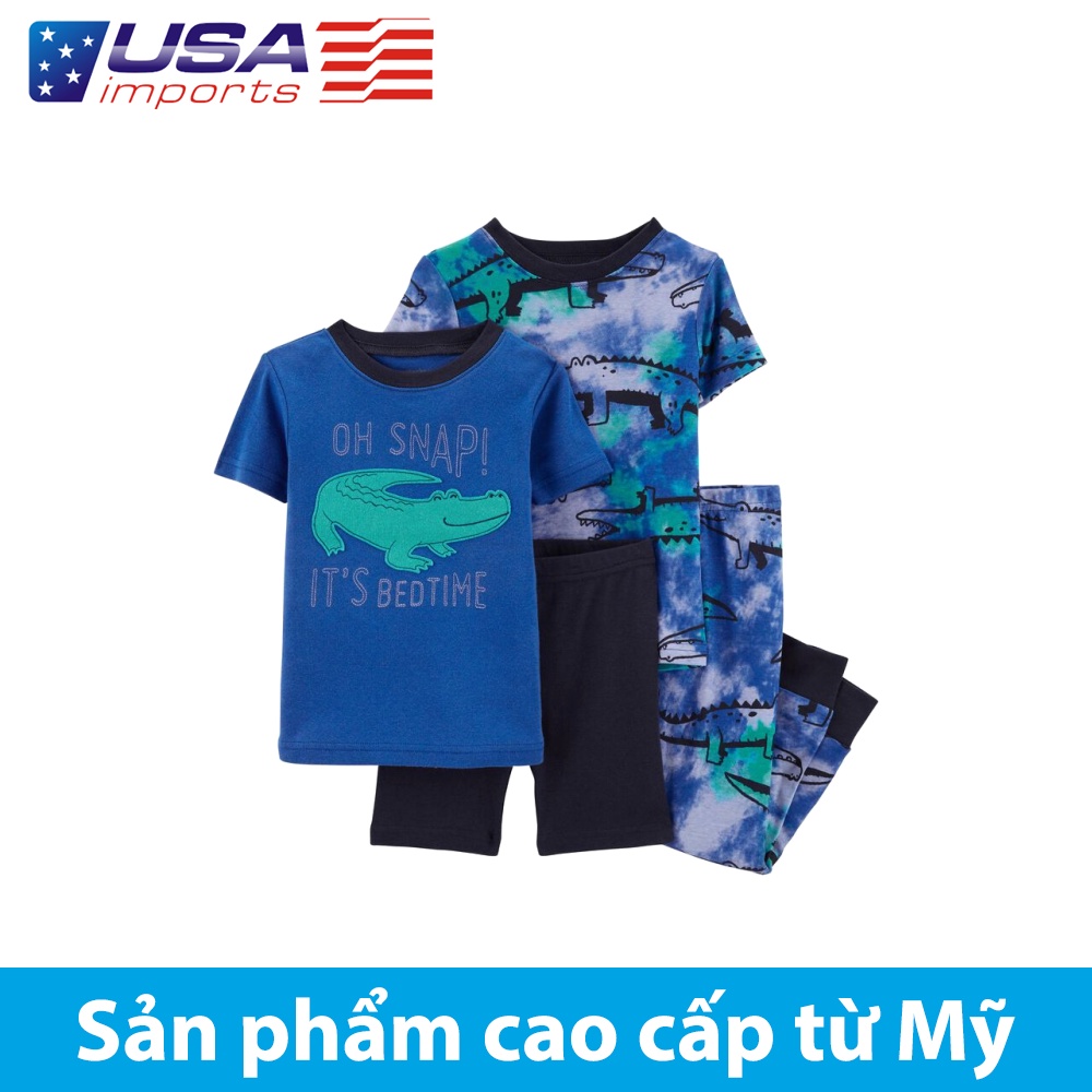 Set 4 đồ ngủ mặc nhà xanh hoạ tiết cá sấu phôm ôm Car-tờ Auth Từ Mỹ (2N000710)
