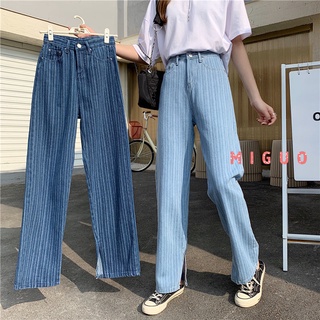 Quần jean dài lưng cao in sọc dọc phong cách Hàn Quốc năng động cá tính