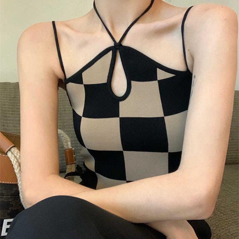 COZOK Áo hai dây sọc caro thời trang gợi cảm cho nữ