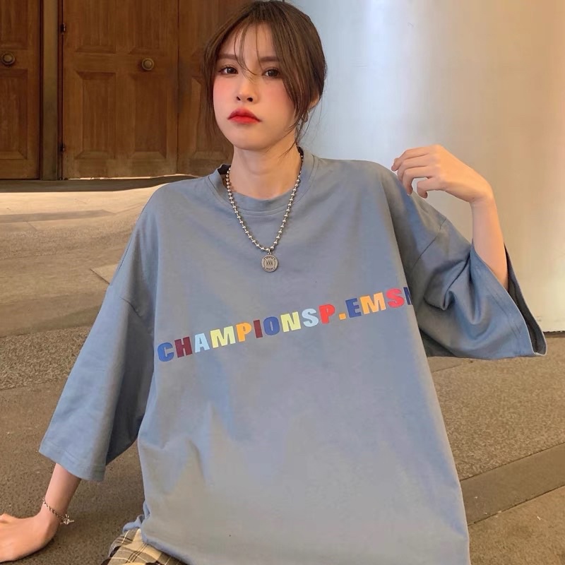 [ Ảnh Thật ] Áo thun tay lỡ phông rộng Ulzzang hoạ tiết in chữ Championsp - Unisex nam nữ đều mặc được
