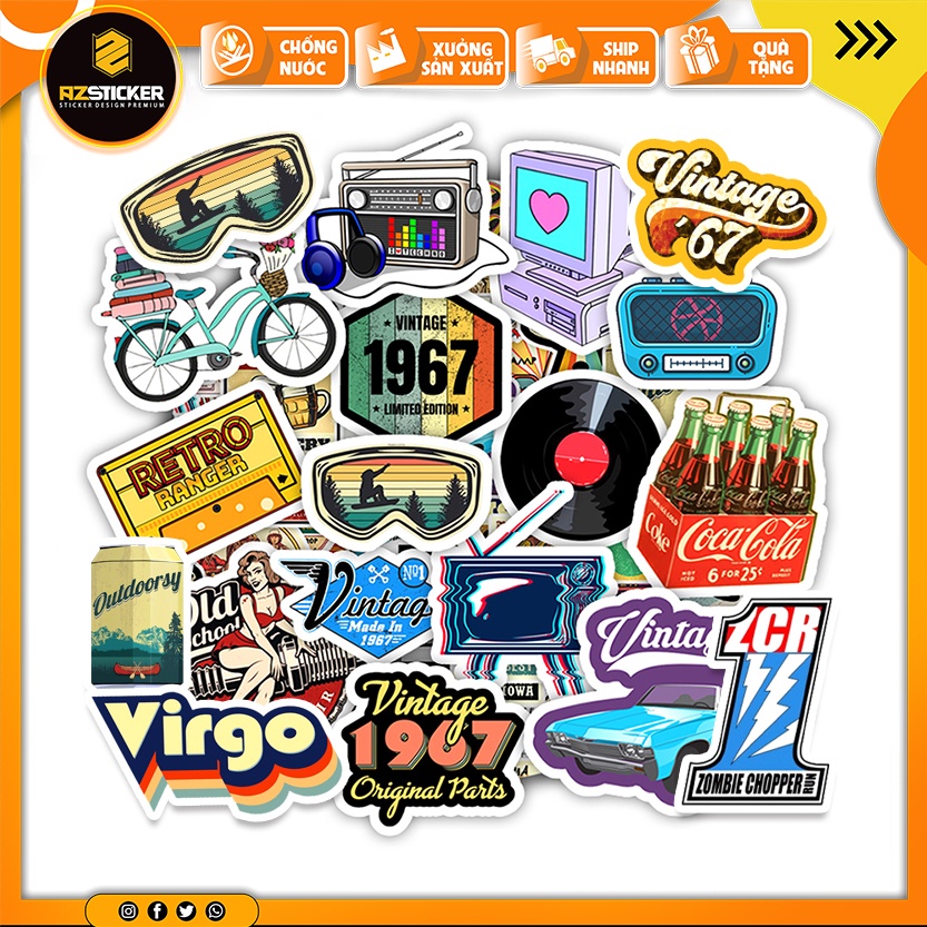 Sticker dán mũ bảo hiểm Vintage - Tem dán Sticker chống nước, bền màu, sử dụng cho nón, laptop, điện thoại, vali...