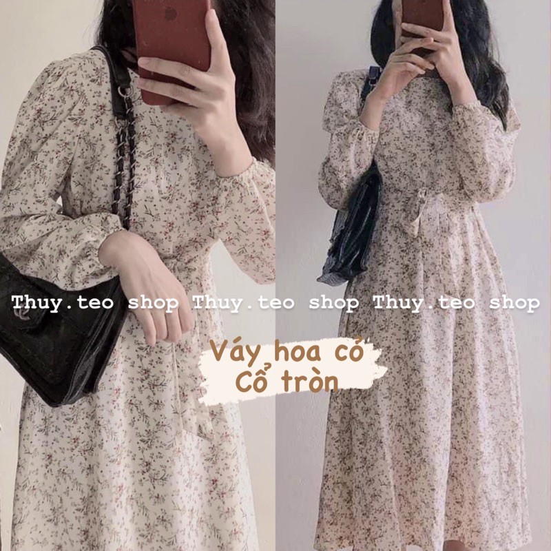 [Hàng sẵn] VÁY HOA NHÍ DÀI TAY CÓ DÂY THẮT EO HOẠ TIẾT HOA CỎ