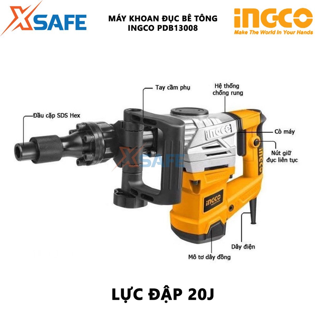 Máy đục bê tông INGCO PDB13008 - Điện thế 220-240V, dùng khoan đục các loại bê tông, tường ,nền, đất đá, lực đập 20J
