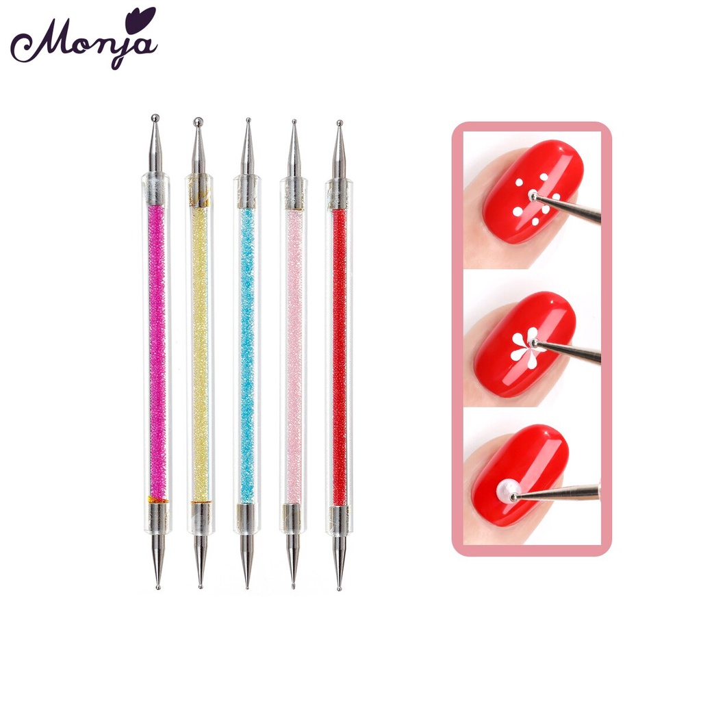 Set 5 cọ Monja thiết kế hai đầu đính đá trang trí móng nghệ thuật DIY