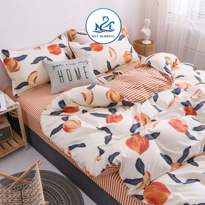 Bộ chăn ga gối Cotton poly M2T bedding gồm vỏ chăn mền, drap nệm và 2 vỏ gối nằm họa tiết quả đào