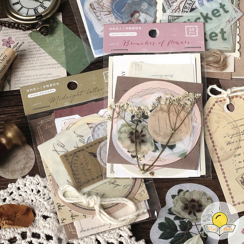 Bộ 30 nhãn tag kèm hoa khô/ dây gai vintage, sticker trang trí bullet journal, sổ tay STI30