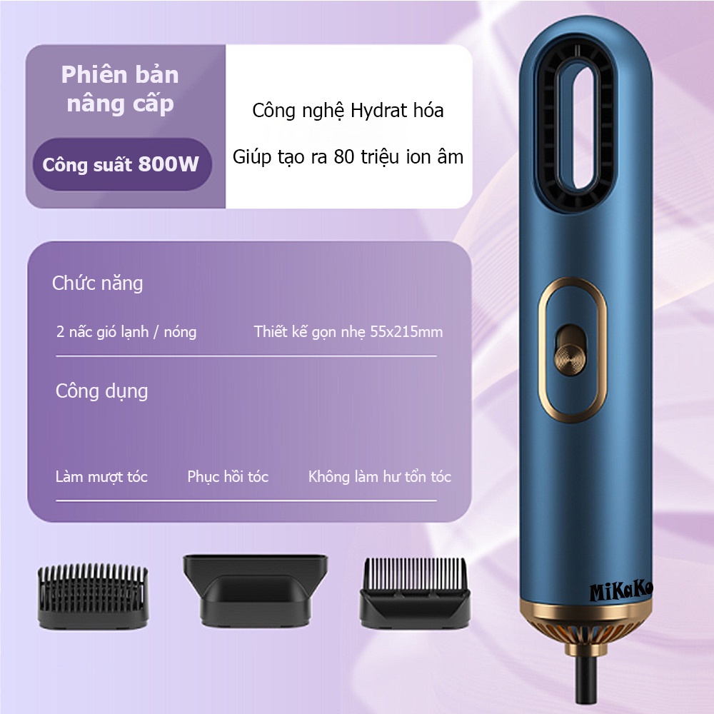 Máy sấy tóc mini MiKaKo 800W tạo kiểu với chức năng sấy ion âm chăm sóc tóc hư tổn. MKM-169