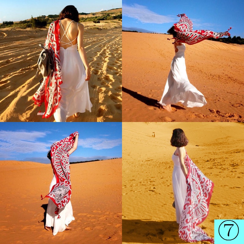 Khăn Choàng Cotton Lanh Cỡ Lớn Phối Tua Rua Phong Cách Bohemian Thời Trang Đi Biển Cho Nữ