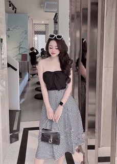 Đầm áo ống phối caro bọc nút❣️