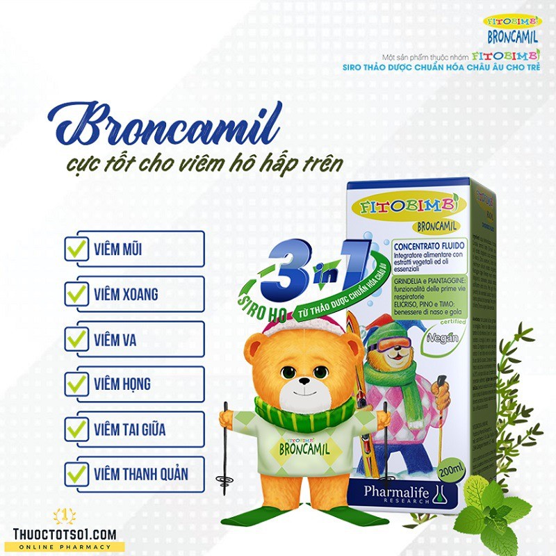 Fitobimbi Broncamil - Hỗ trợ giảm ho đờm, ho do nhiễm lạnh, viêm họng, viêm phế quản (Chai 200ml)