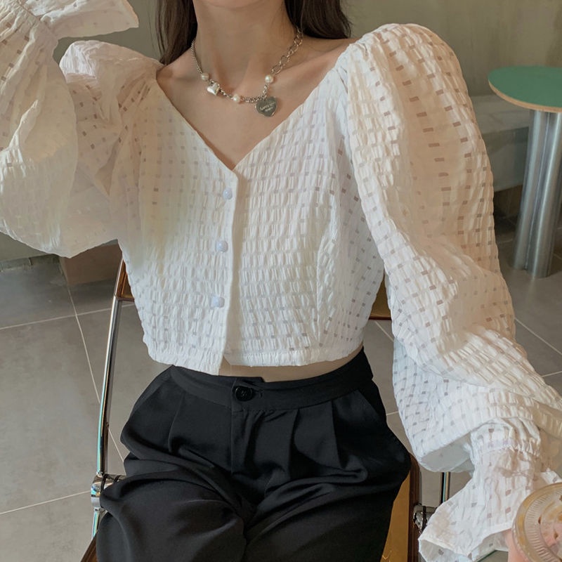 Áo Sơ Mi Cổ Chữ V Tay Dài Màu Trắng Thời Trang Mùa Hè Mới Dành Cho Bạn Nữ 2021 | BigBuy360 - bigbuy360.vn