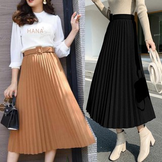 Chân váy xếp ly dài kèm đai cạp chun cao màu đen - Dáng dài - Ly nhỏ - Kiểu chân váy xòe xếp ly dài nữ Công sở sinh viên