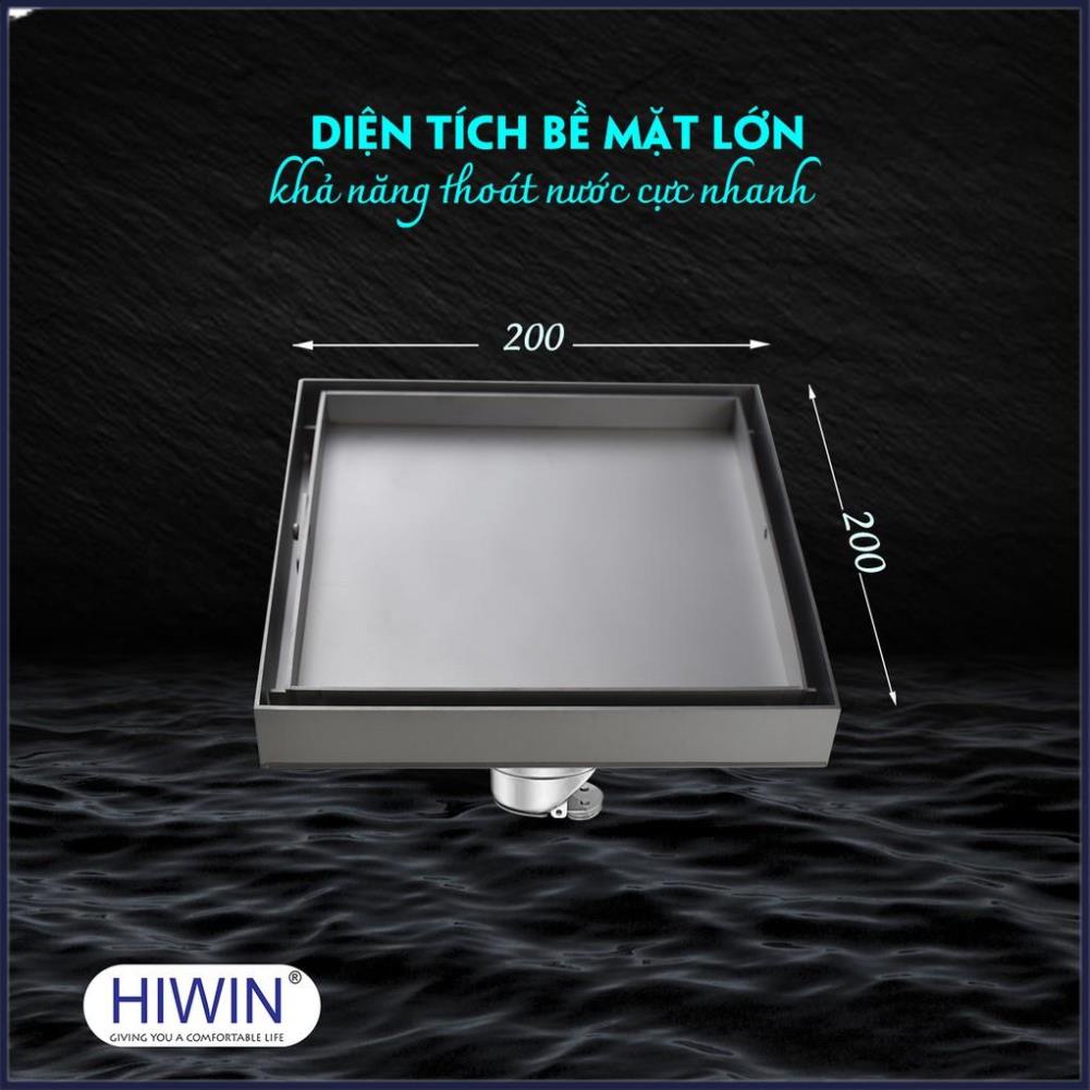 Phễu ga thoát sàn chống mùi hôi inox 304 mặt mờ kích thước 200x200mm HIWIN FD-T11