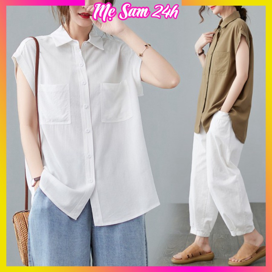 Áo sơ mi đũi nữ tay ngắn Mẹ Sam 24h áo kiểu bigsize, chất liệu mềm mát, form trẻ trung phá cách SMH.33
