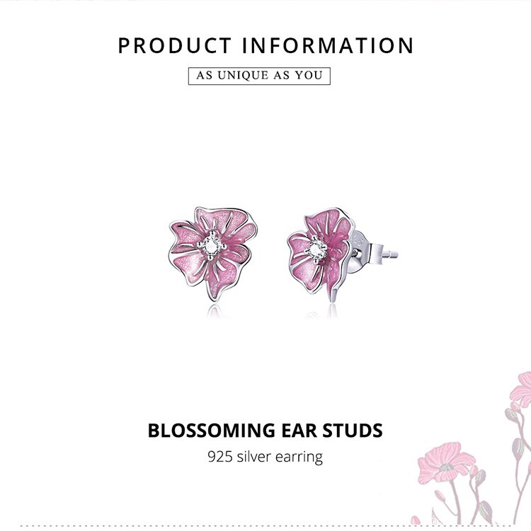 Khuyên tai xỏ BAMOER BSE471 bạc thật 925 hình hoa nở tráng men thích hợp làm trang sức đính hôn / quà tặng cho nữ