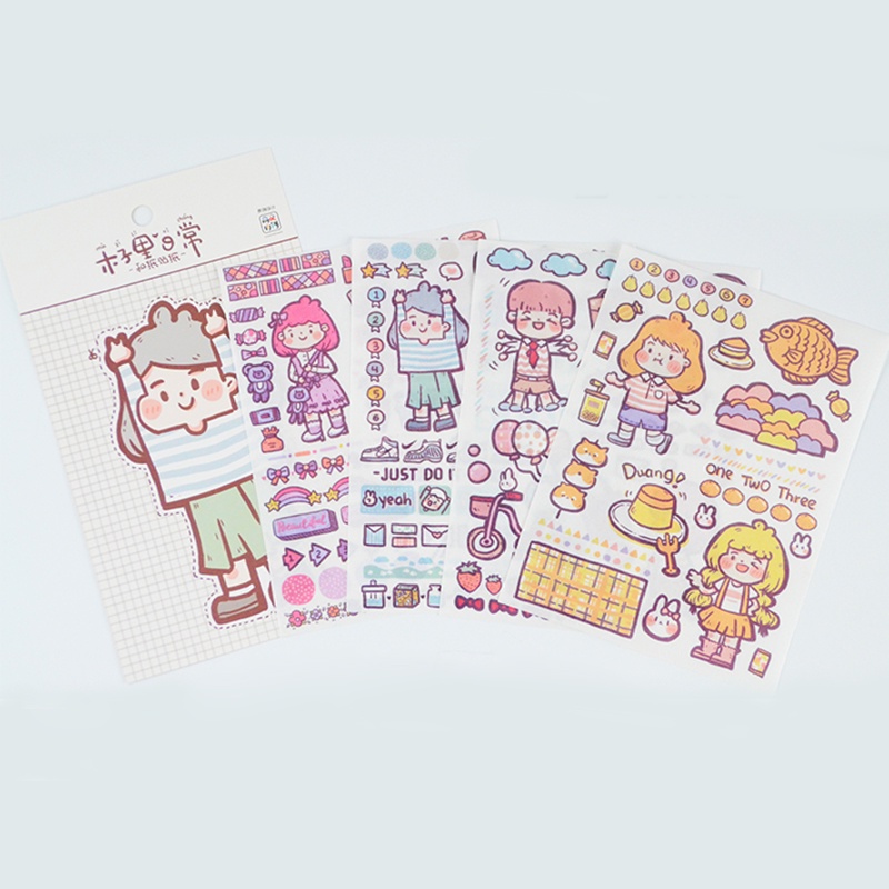 Bộ 4 tấm nhãn dán washi hình cô gái đi học hàng ngày trang trí cho sổ tay
