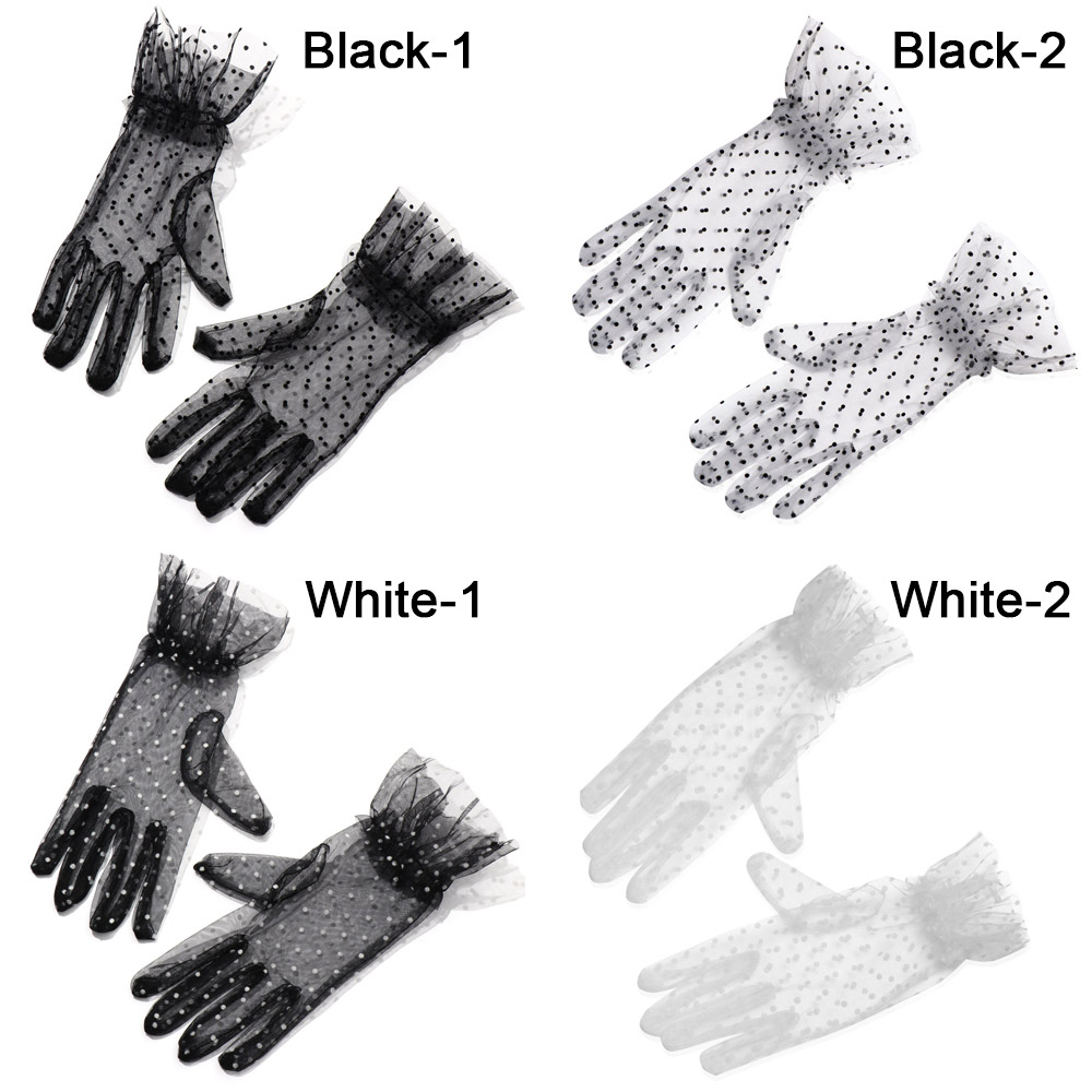 HS Women Mesh Mittens Sexy Dot Printing Tulle Gloves Lotus Leaf Elastic Sunscreen Transparentes Full Finger/Multicolor