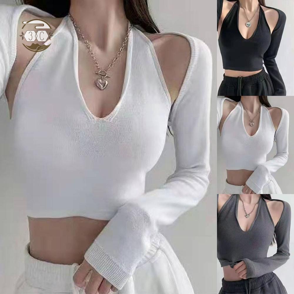[MMAL]Women Vest V Crop Vest Women Knit Womens Ladies Long Neck Sleeve Slim StretchBig Sale