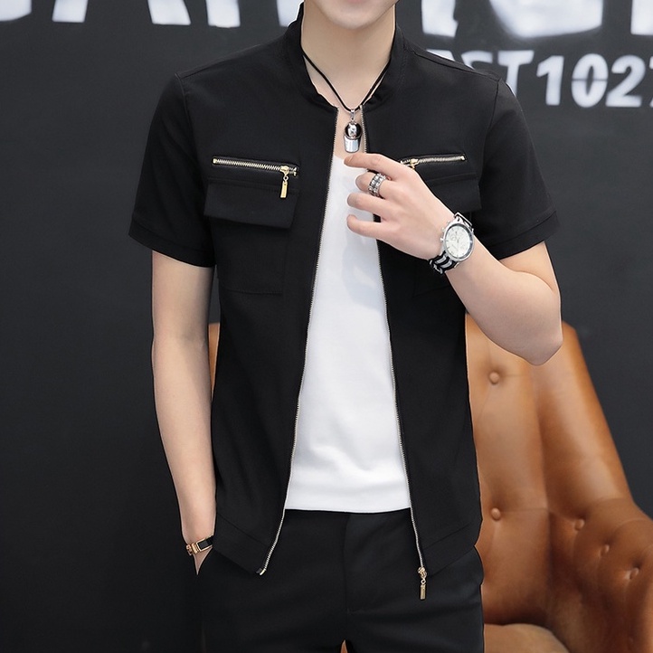 Áo sơ mi, áo sơ mi nam cộc tay T11 khóa kéo vải nonchun co giãn, hàng thiết kế cao cấp