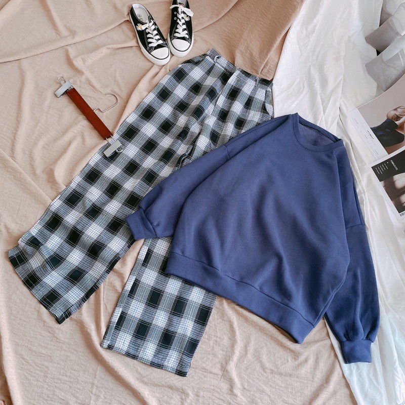 SET ÁO SWEATER XANH QUẦN CARO