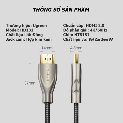 [Mã ELHACE giảm 4% đơn 300K] Cáp HDMI 2.0 Carbon chuẩn 4K@60MHz Dài 3m Ugreen 50109 - Hàng Chính Hãng