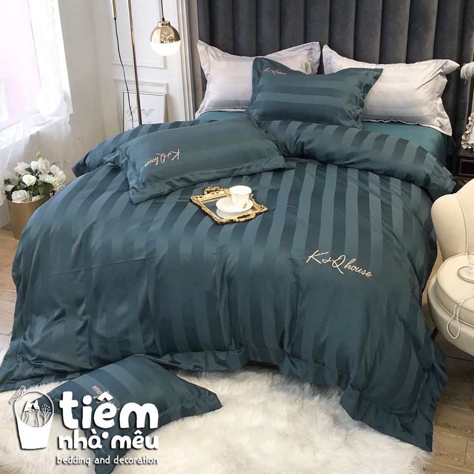 Bộ Chăn Ga Gối Lụa Sateen✨ m6/m8/2m -Full size Tiệm Nhà Mêu✨Set 4 Món: 2 Vỏ gối ,drap ,vỏ chăn Lụa KQ Sọc Kẻ