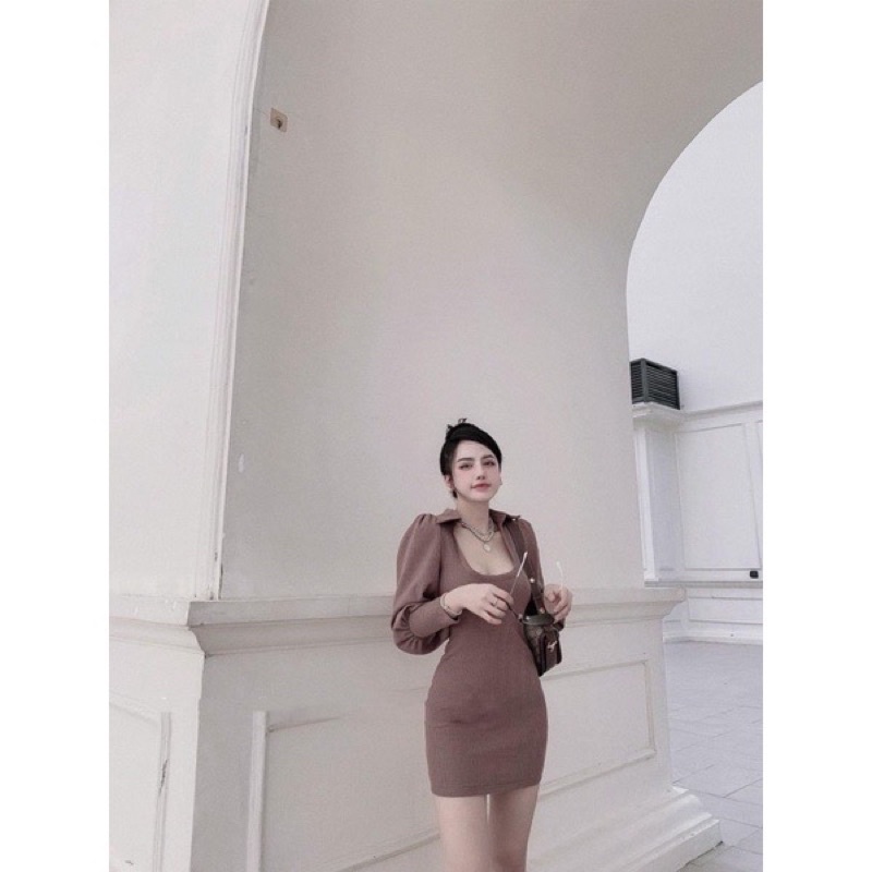 Váy body cổ u tay phồng