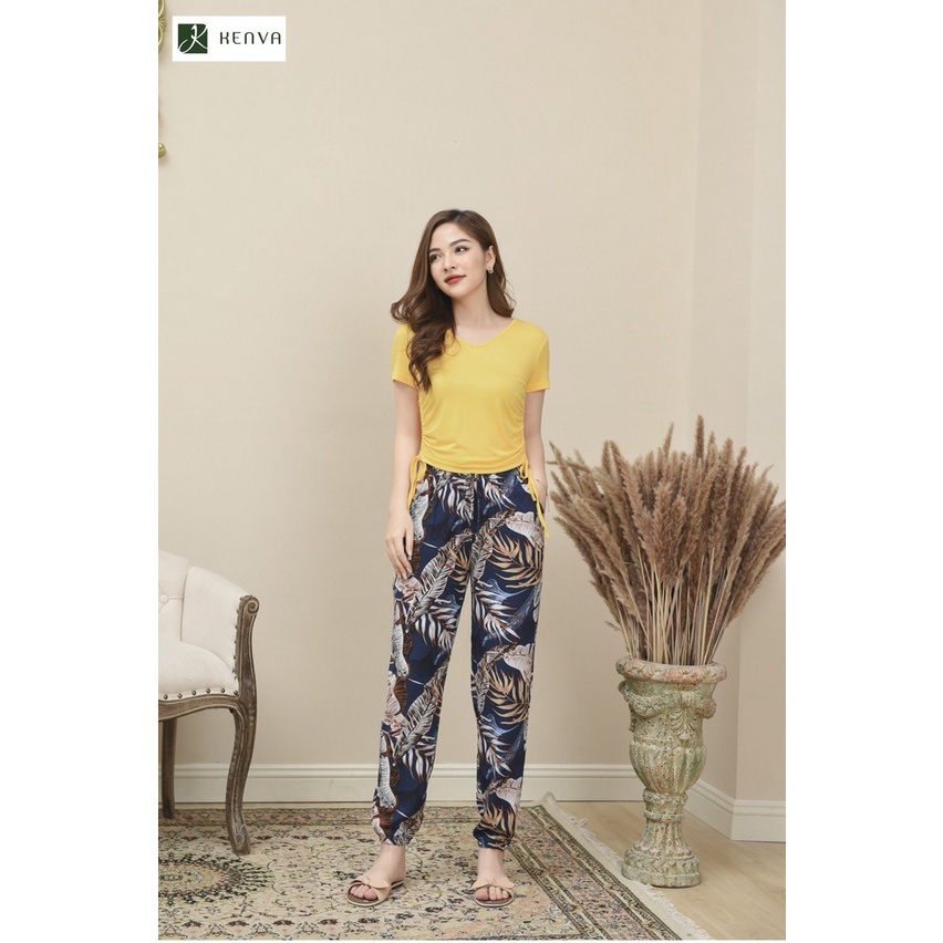 [ SET có TÁCH RỜI] Set lanh Kenva alibaba siêu xinh, quần form suông tôn dáng, áo thun cổ tim, có dây rút siêu nữ tính