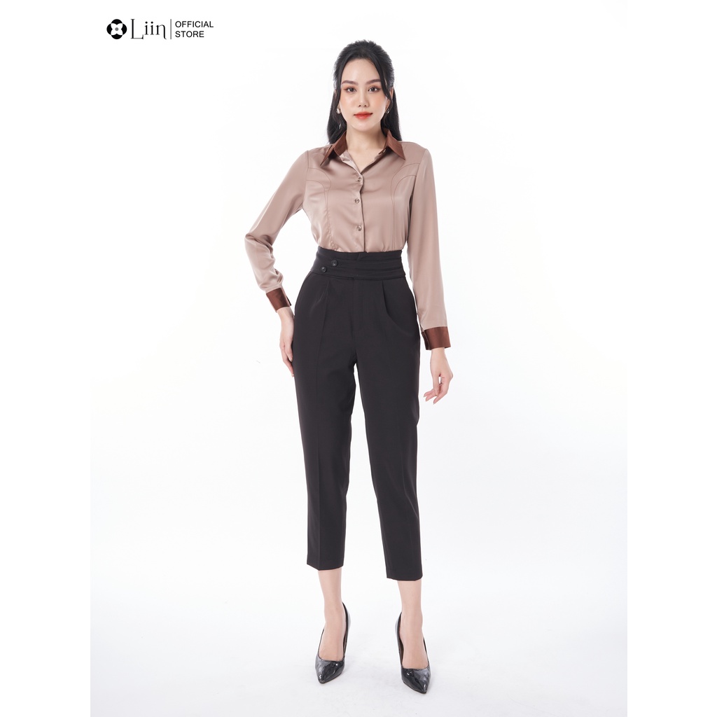 Áo sơ mi nữ cao cấp linbi basic trơn không bóng nâu mix màu sang chảnh, dễ phối đồ liin clothing SM3934