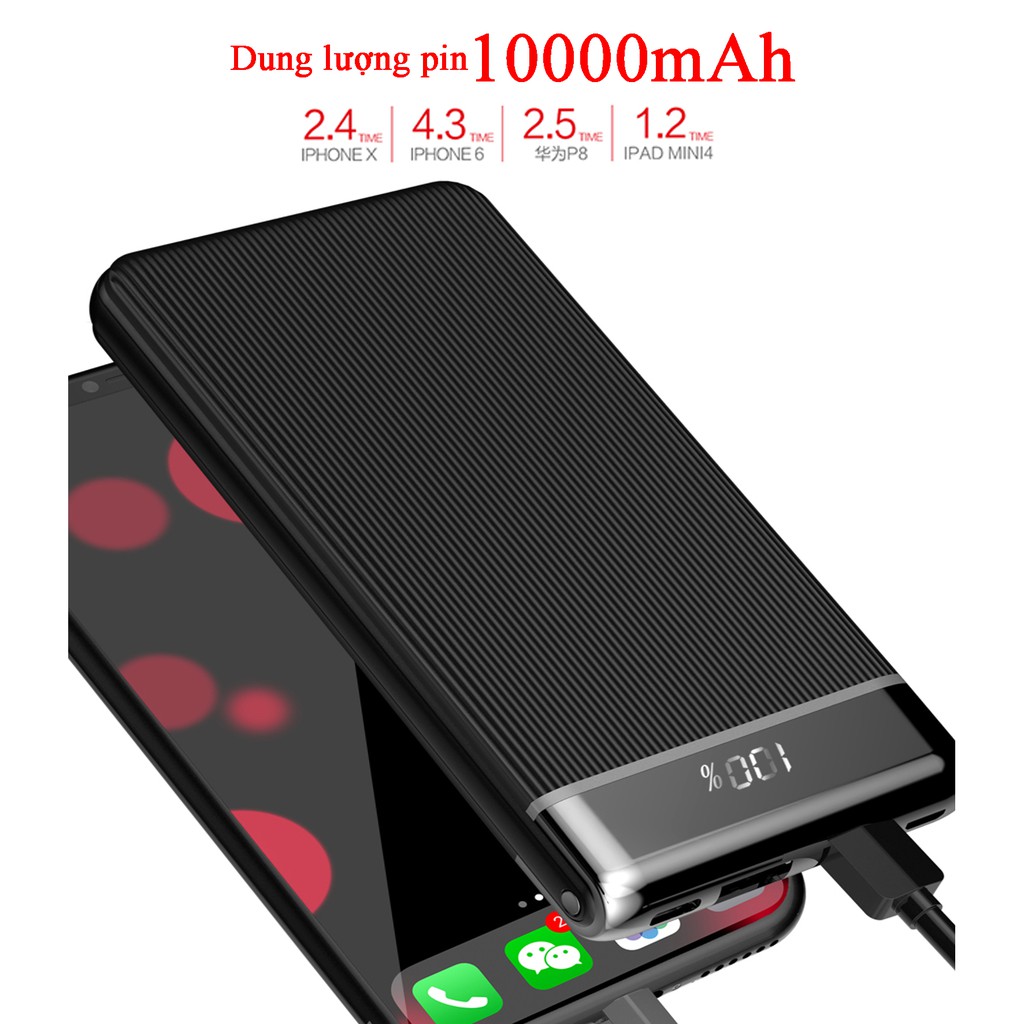 Pin Sạc dự phòng 10000mAh mini mỏng gọn có màn hình hiển thị phần trăm pin, cổng USB 2A, FENGZHI J352