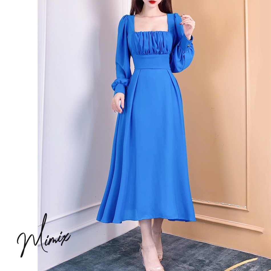 Đầm nữ trơn tay dài bồng nhún ngực thắt eo MIMIX BG6195
