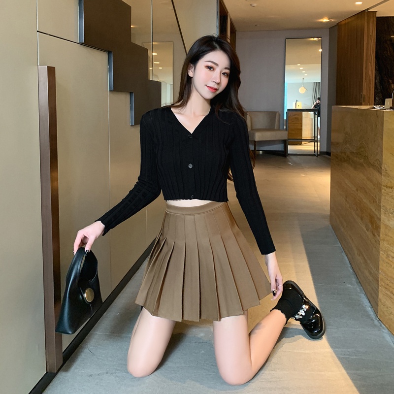 SUXI Chân Váy Màu Trơn Dáng Chữ A Thiết Kế Lưng Cao Xếp Ly Độc Đáo Thời Trang Mùa Thu Dành Cho Nữ