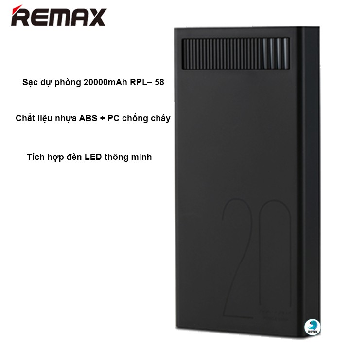 [Mã 159ELSALE hoàn 7% đơn 300K] Pin Dự Phòng 20000mah Remax RPL-58 (Đen)