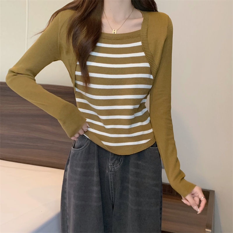 Áo Thun Dài Tay Giả Hai Lớp Họa Tiết Sọc Ngang Thời Trang Dành Cho Nữ