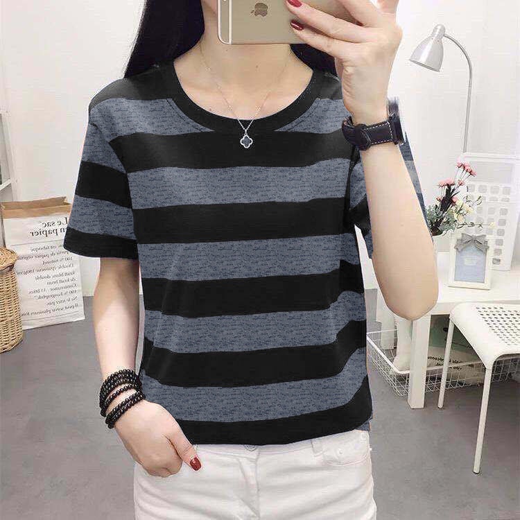 Áo Thun Tay Ngắn Dáng Rộng Họa Tiết Kẻ Sọc Thời Trang Cho Phụ Nữ Trung Niên