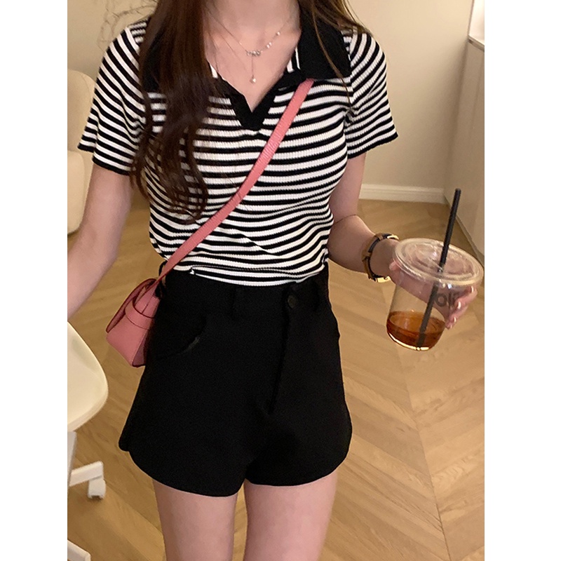 Áo thun polo QADCOL ngắn tay họa tiết kẻ sọc màu tương phản phong cách Hàn Quốc cho nữ