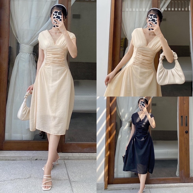 Đầm midi voan tơ xếp eo cổ V