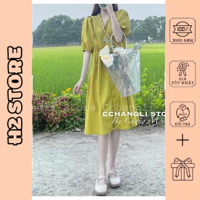 Váy suông cốm xanh li ngực tay phồng
