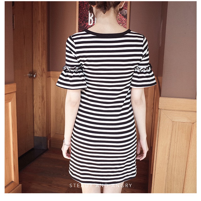 Korean Style Summer Women Clothing Dress O-neck Casual Slim Flare Short Sleeve Striped Midi Pencil Party Dresses