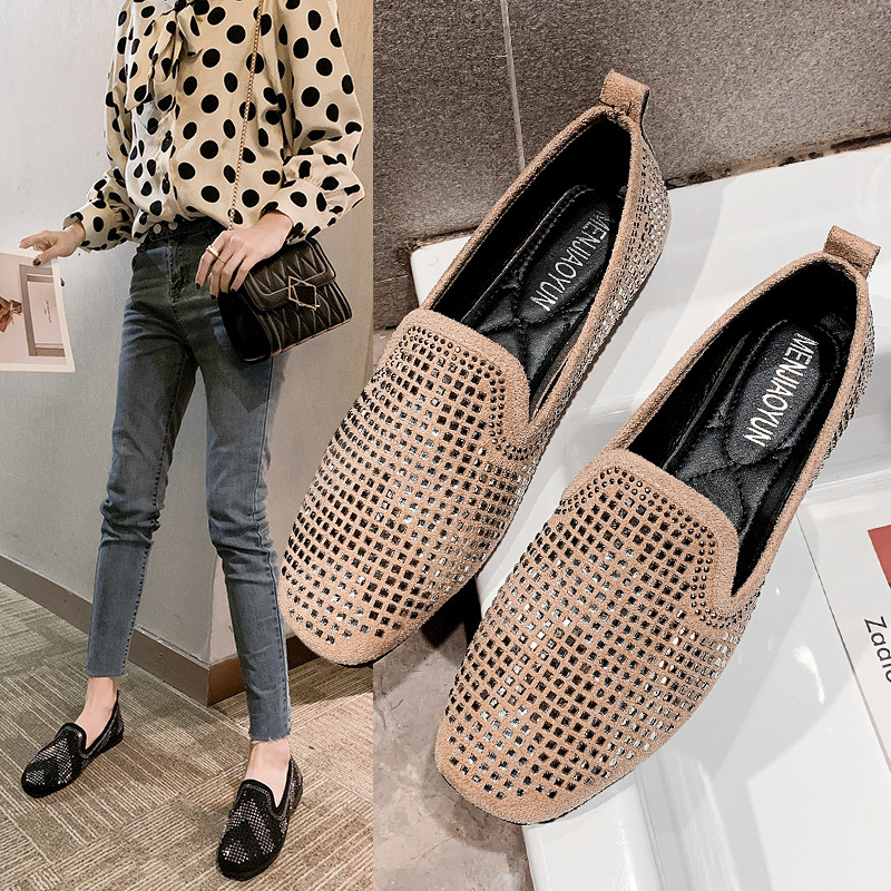 Giày Búp Bê Đế Mềm Mũi Vuông Đính Đá Phong Cách Hàn Quốc Cho Nữ