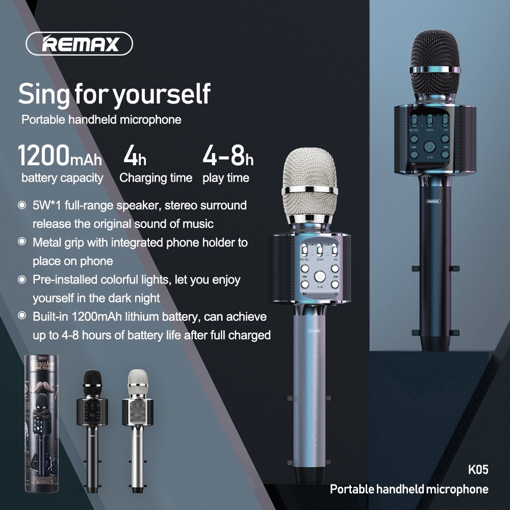 Micro Karaoke Bluetooth Remax K05 tích hợp giá đỡ điện thoại