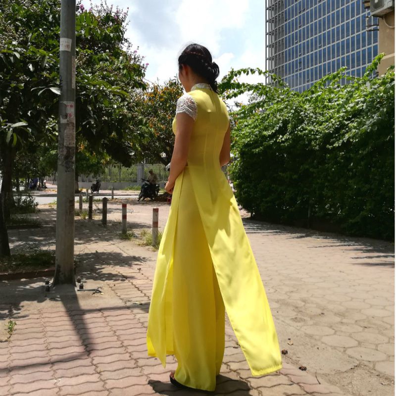 Freeship 99k TQ_AO DAI CHIFFON VANG thiết kế pha zen trắng may truyền thống