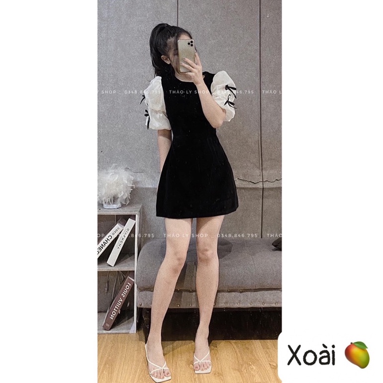 Váy nhung ống tay pha tơ gắn nơ siêu xinh kèm ảnh thật hàng loại 1