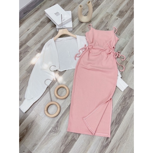 SÉT ĐẦM HỒNG RÚT DÂY KÈM KHOÁC