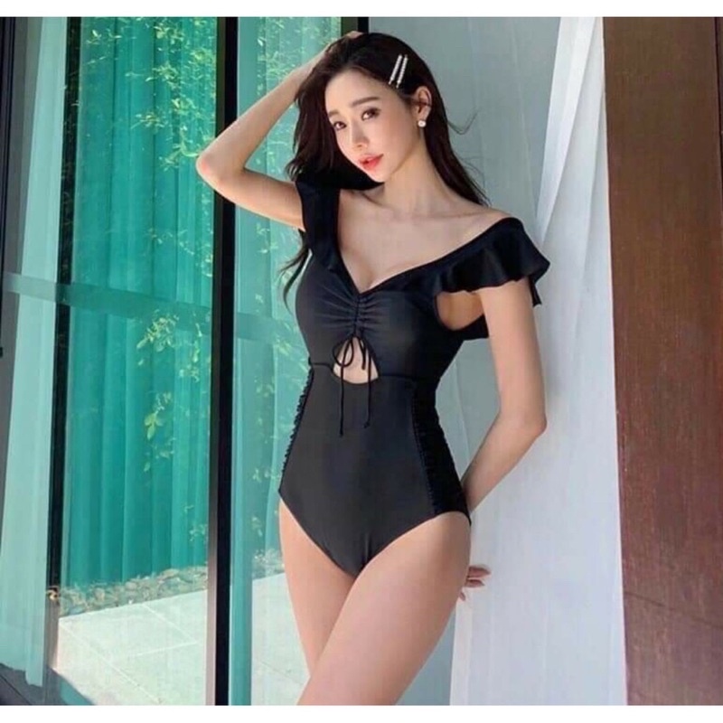 Bikini liền thân tay viền bèo rút dây ngực đen