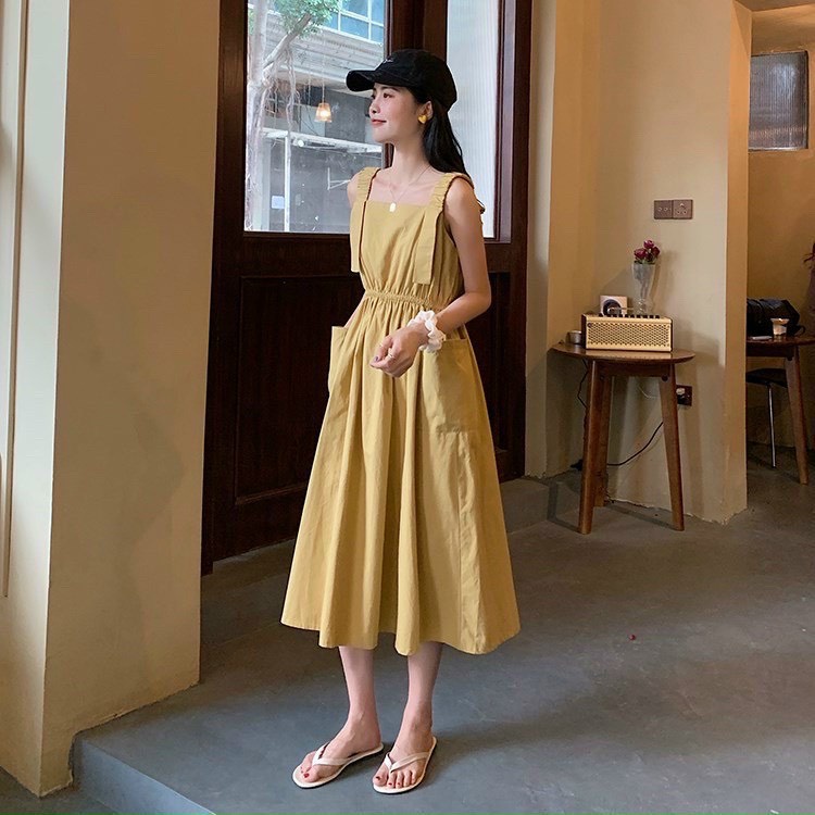 Đấm 2 dây  chun eo chất vải thô , đầm 2 dây chất vải thô  có túi 2 bên
